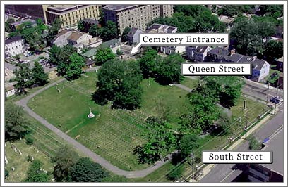 An aerial photograph of Fort Massey Cemetery in relation to Queen Street and South Street in Halifax, Nova Scotia, Canada