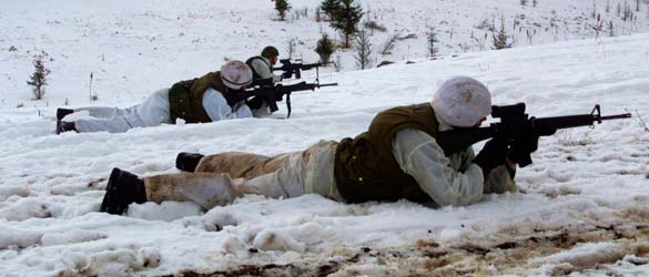 Des membres des Forces armées canadiennes durant un exercice hivernal à Glamoc en Bosnie-Herzégovine.