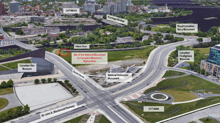 The LeBreton Flats site is located in Ottawa across the street from the Canadian War Museum on the east side of Booth Street, north of the National Holocaust Monument. The site will provide easy access and high visibility to the monument for both vehicle and pedestrian traffic. 