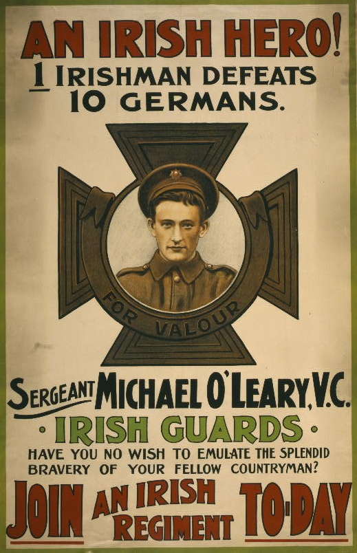 Affiche de recrutement de la Première Guerre mondiale, mettant en vedette Michael O'Leary, VC. (Photo : Domaine public)