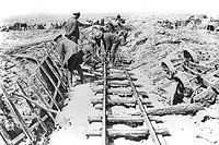 The first train over the new railroad on Vimy Ridge, April 1917.