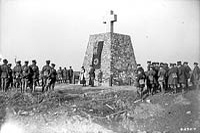 General Sir Arthur Currie unveiling the Memorial erected by Canadian Artillery in memory of artillery men who fell during the Battle of Vimy Ridge, February 1918.
