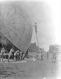 Repairing a kite balloon which was slightly damaged on a gusty day, October 1916.
