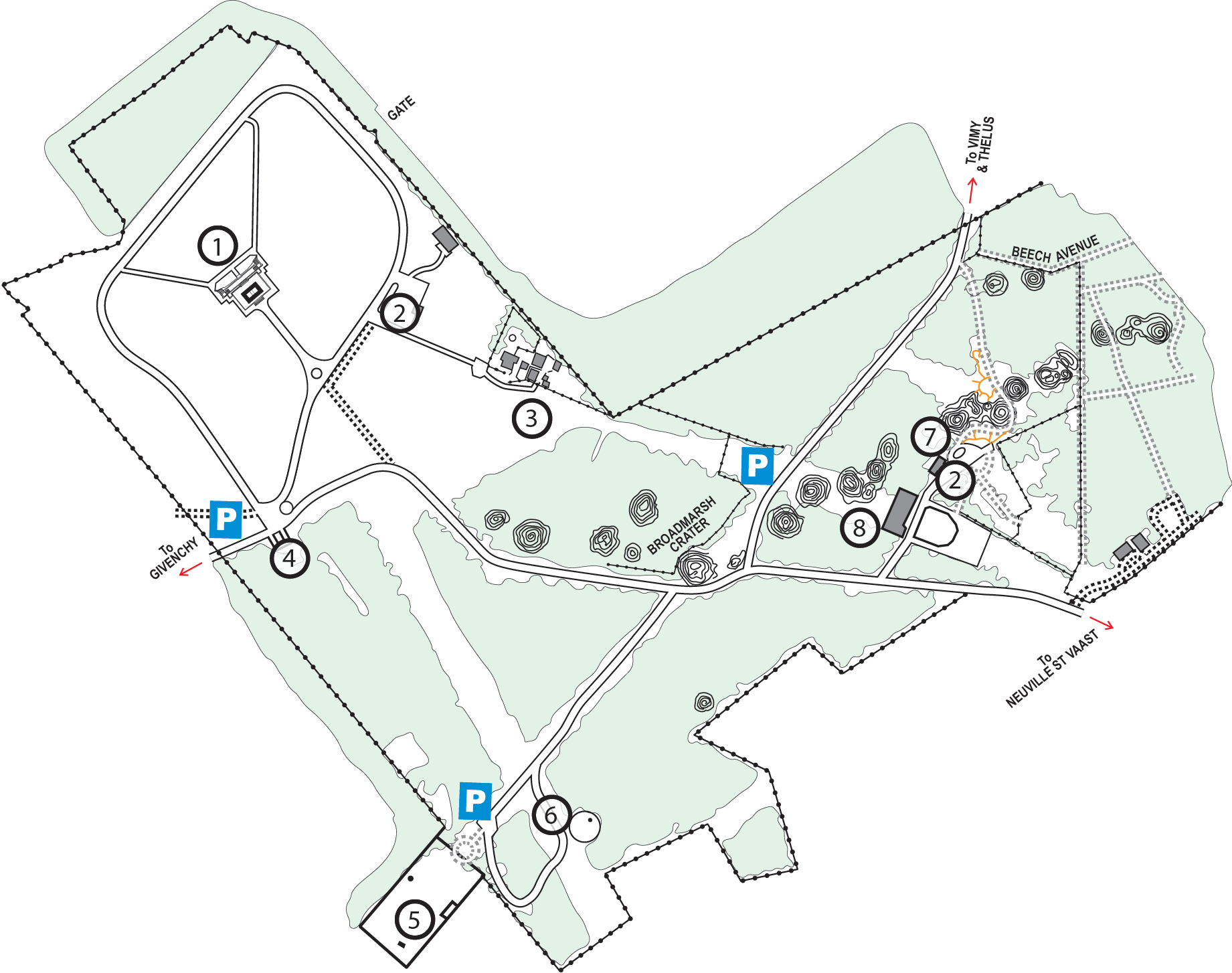 Map of the Canadian National Vimy Memorial site, showing points of interest.  Legend details in text following the image.