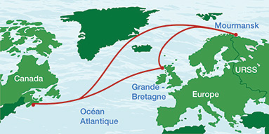 Exemple de trajet suivi par un convoi d’Halifax vers Mourmansk