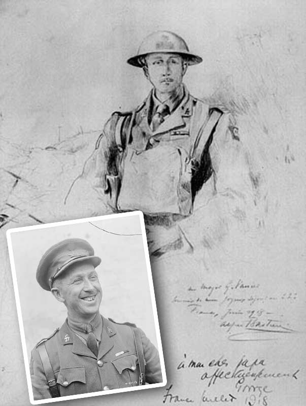 Sketch of Major Georges Vanier by war artist Alfred Bastien and photo.