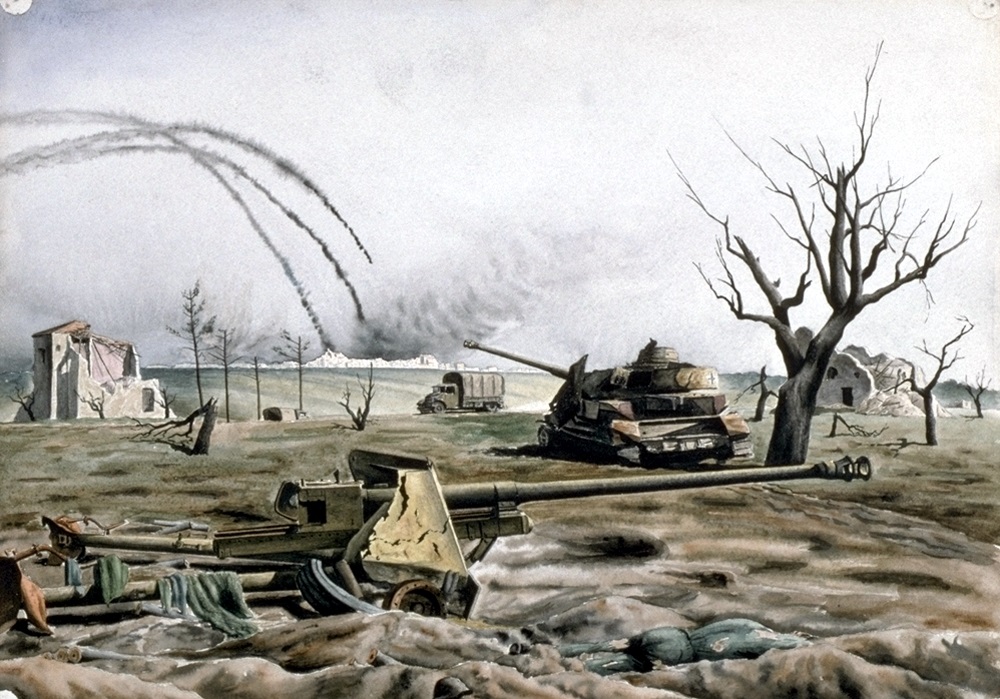 <em>German Anti-Tank Position</em> : tableau de guerre de Lawren P. Harris représentant les combats en Italie.