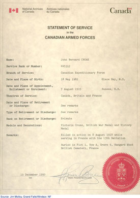 Statement of Service for John Bernard Croak, recipient of the Victoria Cross for his actions on 8 August 1918, the opening day of the Battle of Amiens.