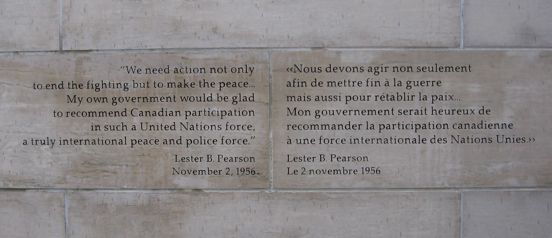 Engraved text of quote from Lester B. Pearson dated November 2, 1956.  Photo:  Joshua Sherurcij