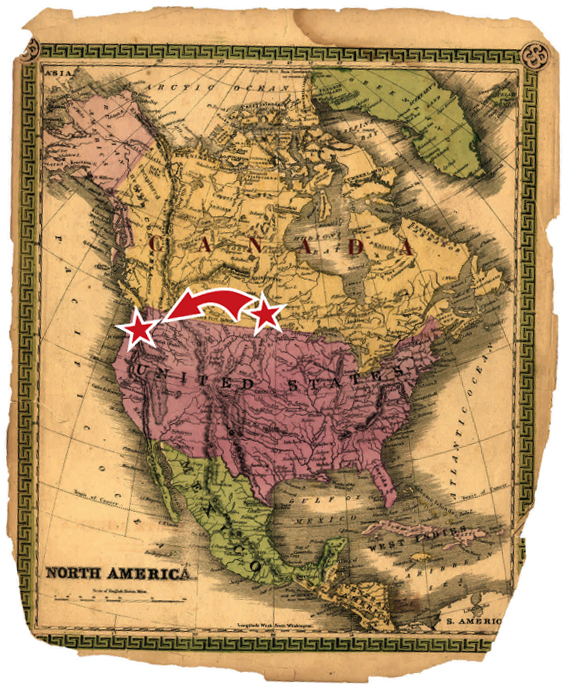 Carte de l'Amérique du Nord indiquant le trajet entre le Camp Silo au Manitoba et Fort Lewis dans l'État de Washington aux États-Unis.