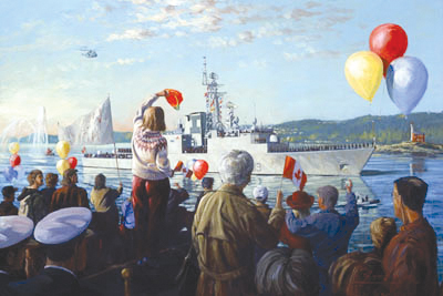Une peinture montrant des gens sur le bord de l'eau saluant le passage d'un bateau militaire.