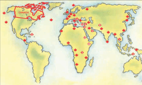 Une mappemonde indiquant les endroits où les Canadiens ont servi.