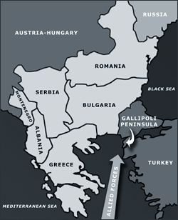 Map indicating where Allied Forces landed on Gallipoli Peninsula
