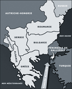 Carte indiquant l'endroit où les Forces alliées ont débarqué à Gallipoli