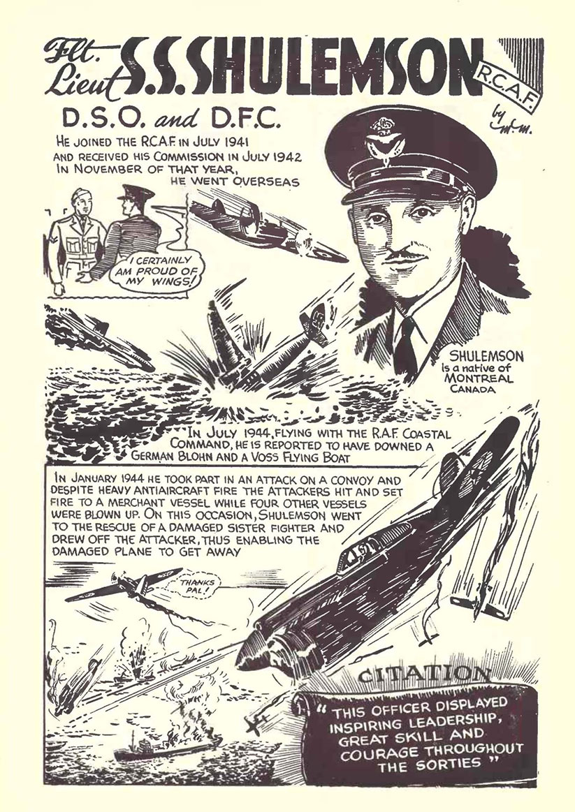 Une page de Héros de guerre juifs célébrant l’héroïsme du <em>capitaine d’aviation Sydney Shulemson. Image gracieuseté de CJCCCNA
