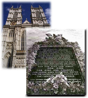 Images de l'extérieur de Westminster Abbey et de la Tombe du Soldat inconnu entourée de fleurs.