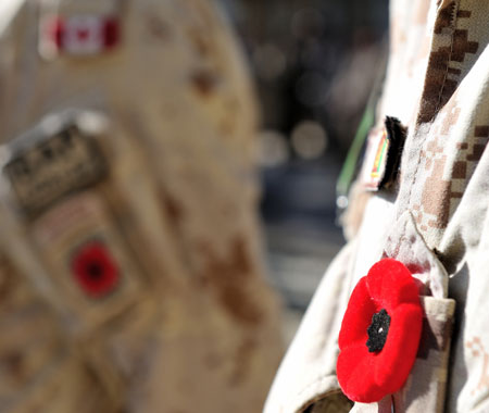 Un coquelicot est épinglé sur l’uniforme d’un soldat des Forces armées canadiennes