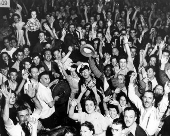 Celebrating V-J Day in Montreal, Quebec.