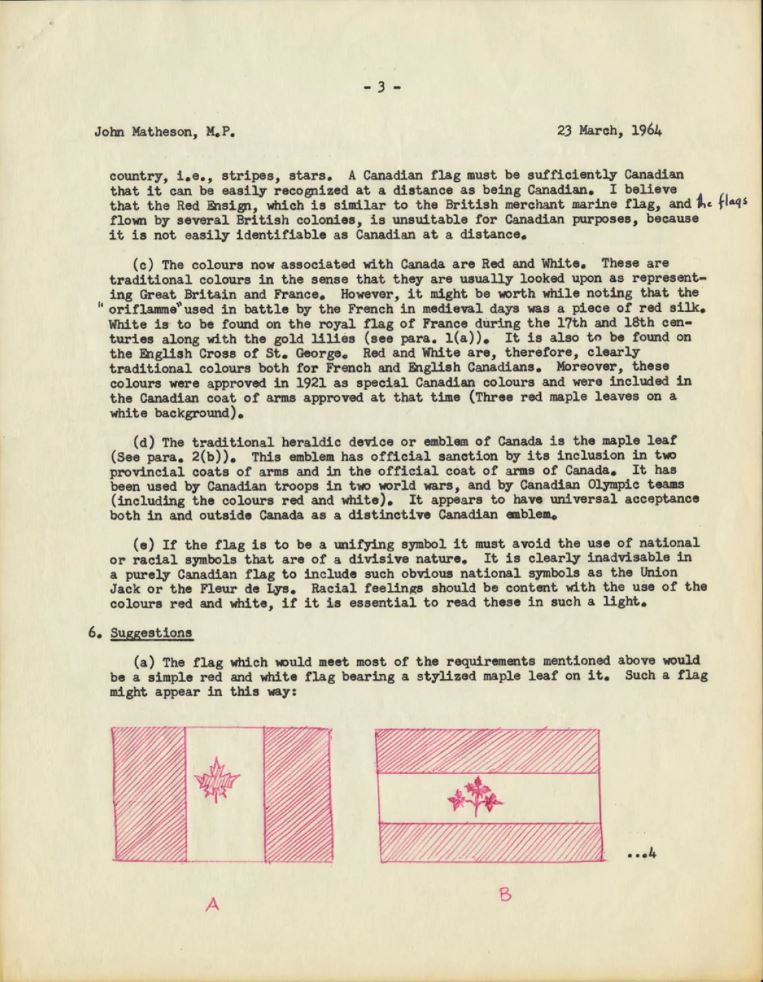 Partie de la lettre de Stanley datée du 23 mars 1964 au député John Matheson, montrant le concept du drapeau canadien. La lettre précède de près de deux mois l’annonce officielle concernant la recherche d’un nouveau drapeau.
