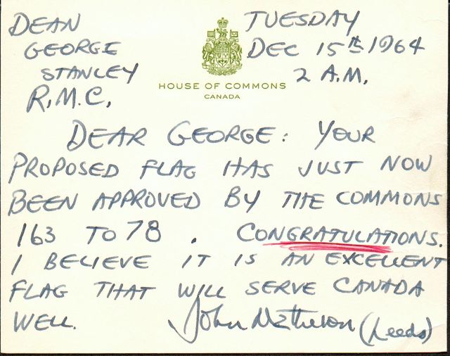Note du député John Matheson, le 15 décembre 1964, à l’effet que la Chambre des communes a voté en faveur du nouveau drapeau canadien.