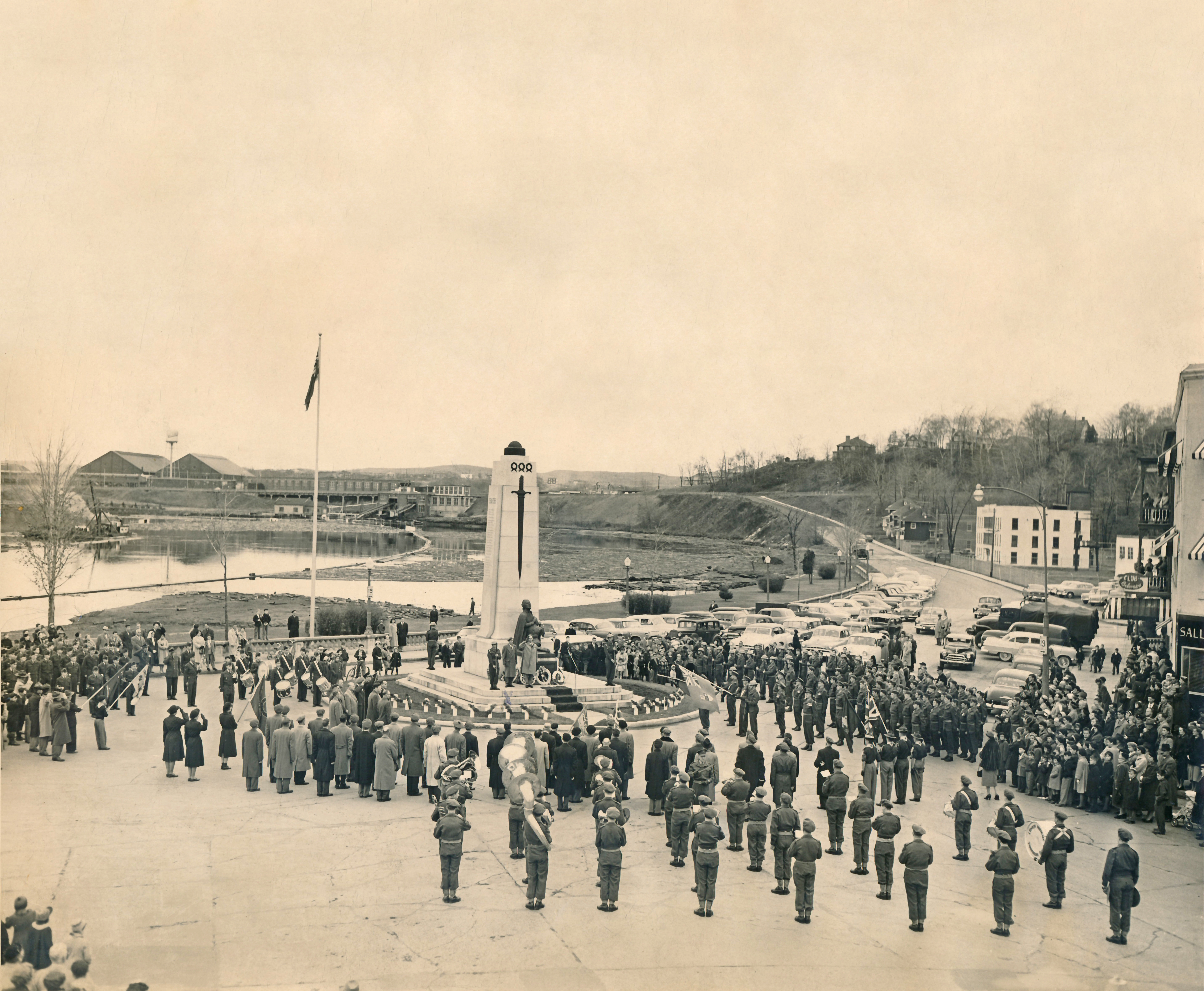 Remembrance Day service at Shawinigan Falls War Monument, late 1940's.