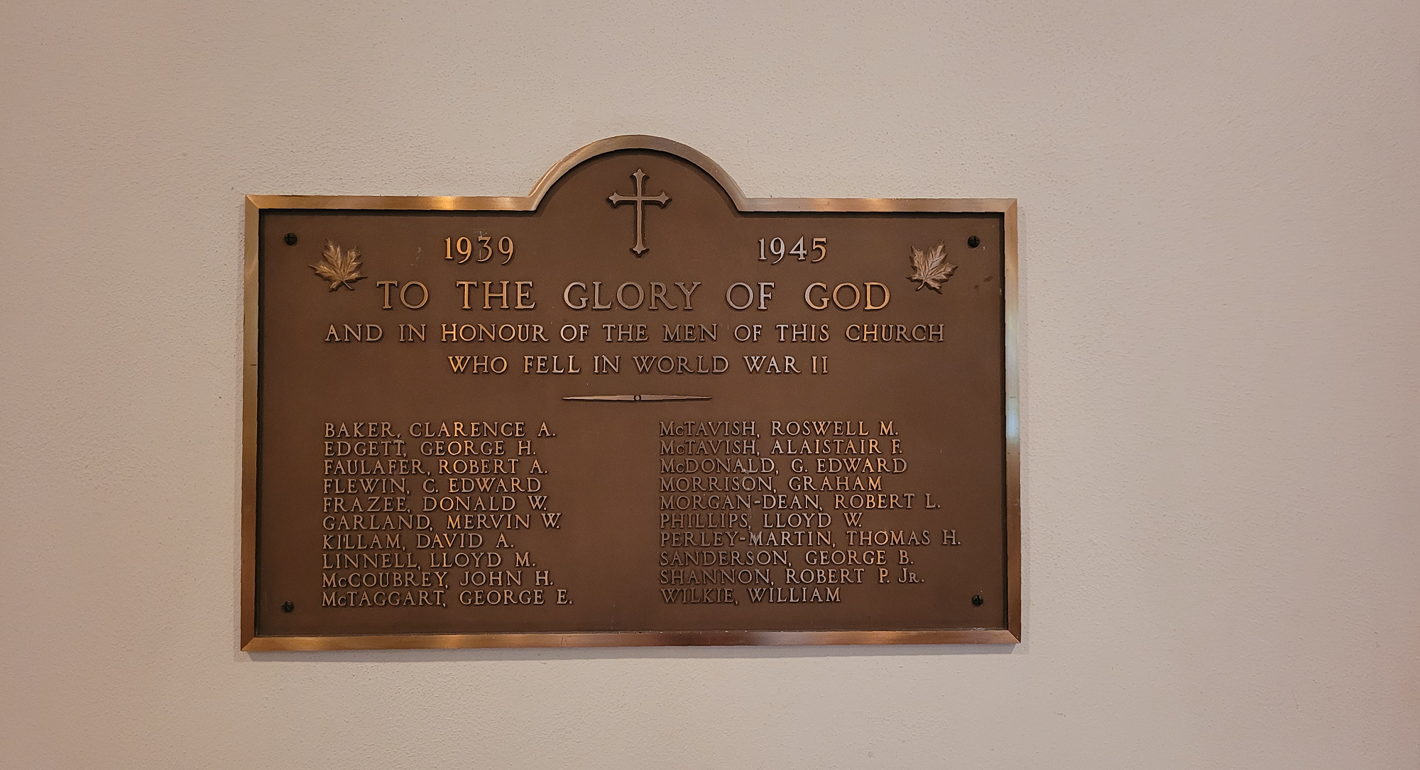 Plaque de la Seconde Guerre mondiale de la Canadian Memorial United Church