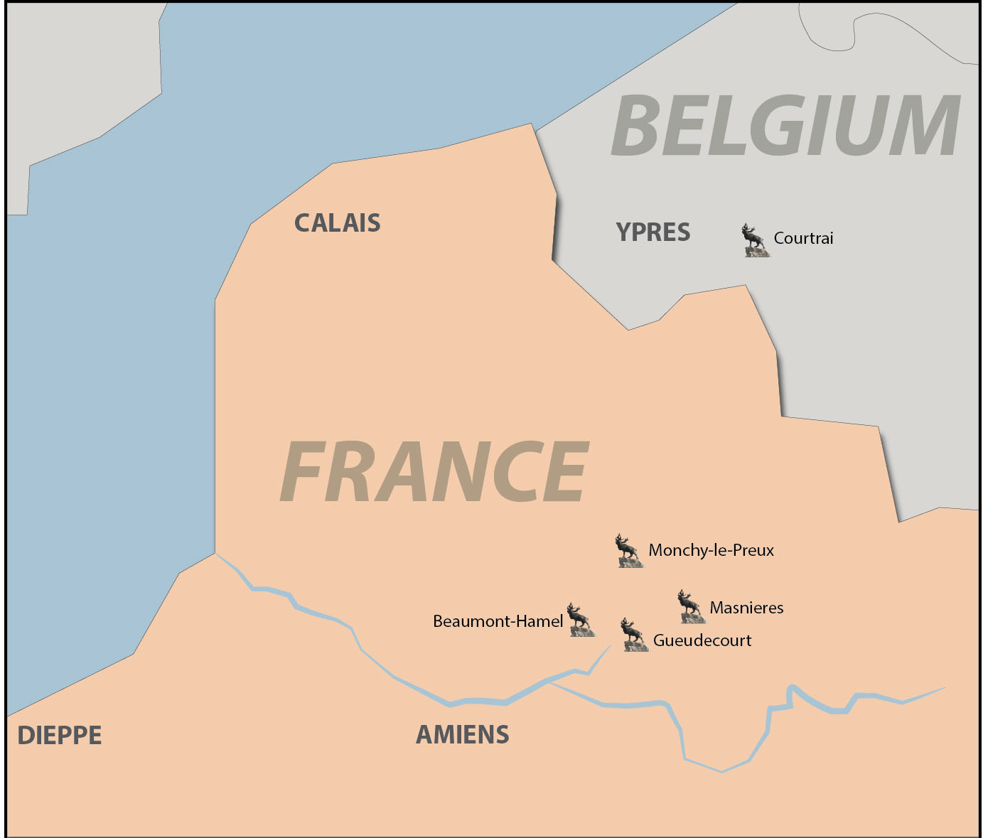 Map indicating five battlefield memorials