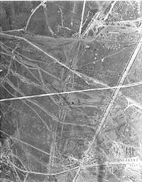 Trenches behind Canadians at Vimy Ridge. Photograph taken from a kite balloon, November 1917.
