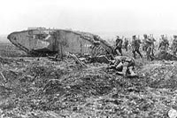A tank advancing with Infantry at Vimy Ridge, April 1917.