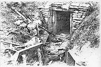 Tranchées allemandes démolies par l'artillerie. On y aperçoit le corps d'un soldat allemand et une casemate capturée.