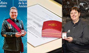 Photo collage (from left to right): Antoine Chiasson in formal dress holding an open pin box; a close-up of a framed certificate with a red pin box atop it; Lisa Cyr in a grey shirt holding an open pin box.