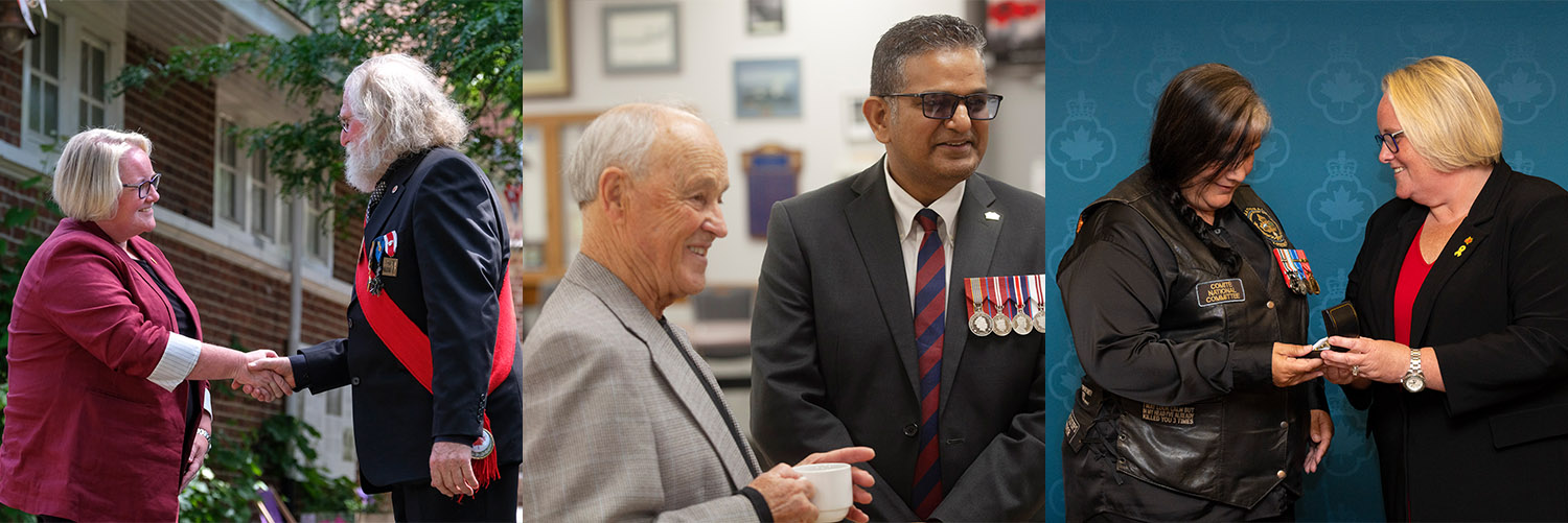 Three scenes showing Minister of Veterans Affairs Commendation recipients being recognized during presentation ceremonies.