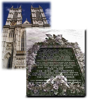 Images de l&#039;extérieur de Westminster Abbey et de la Tombe du Soldat inconnu entourée de fleurs.