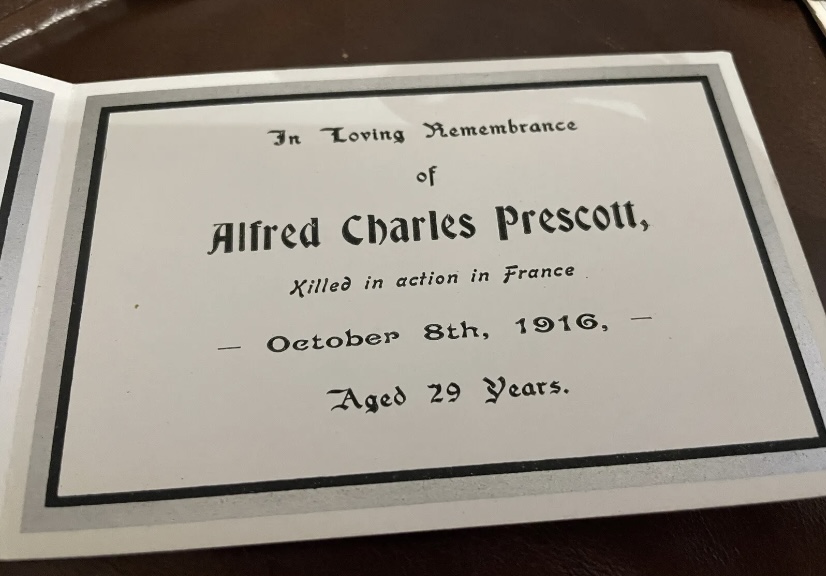 Memorial card for Alfred Charles Prescott