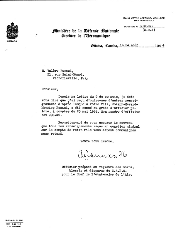 Letter from Department of National Defence