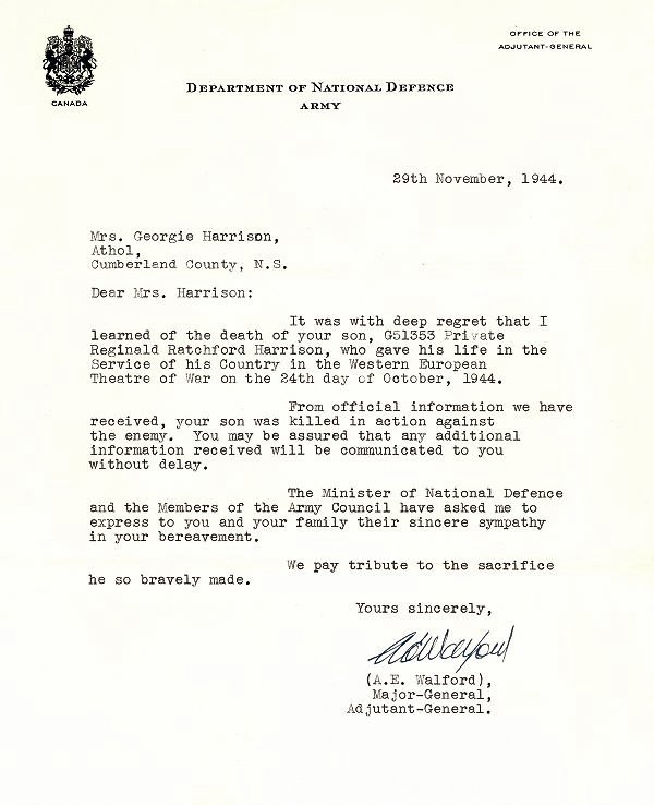 Letter From National Defence (November 29, 1944)