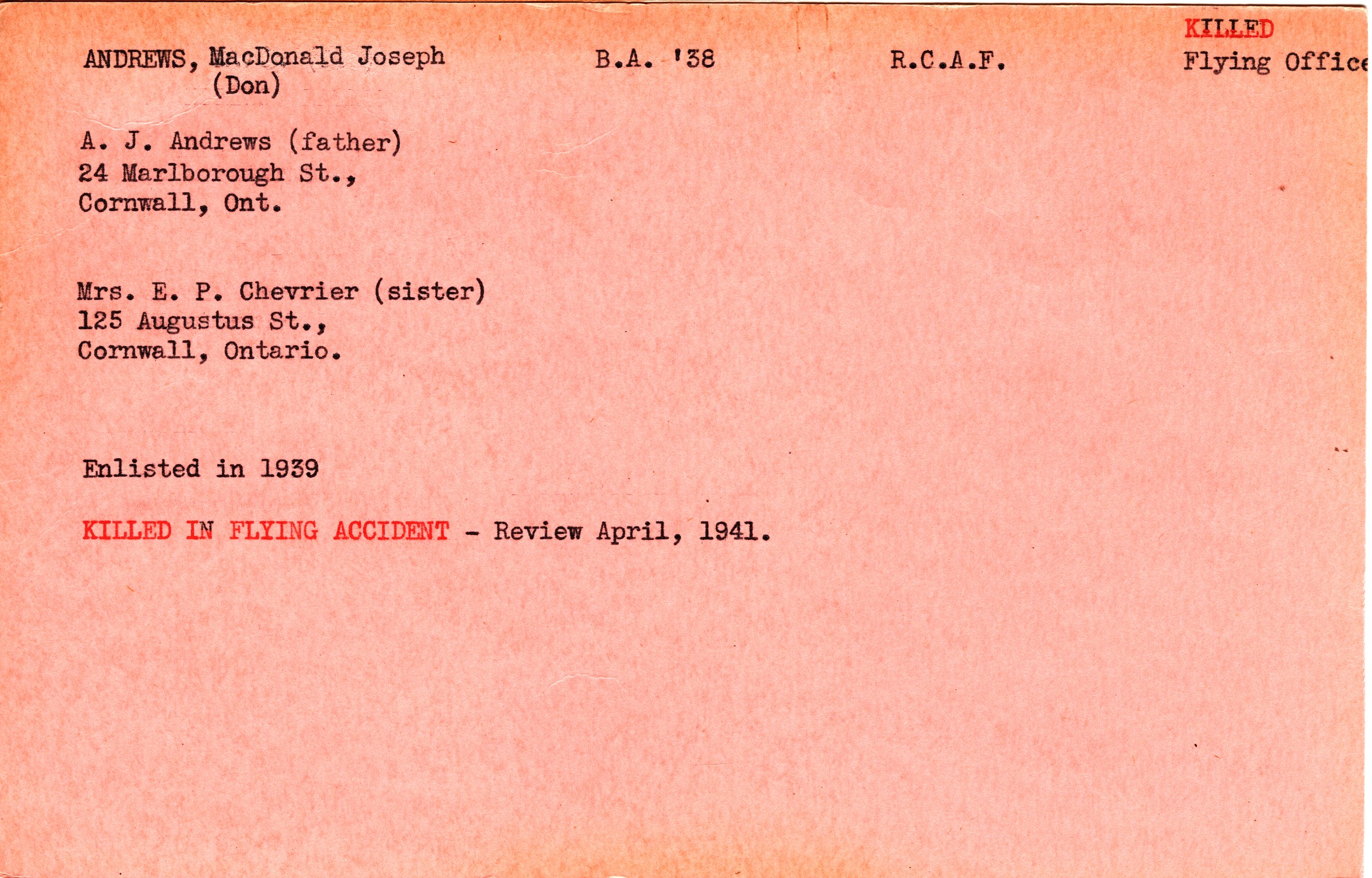 Record of Service Card