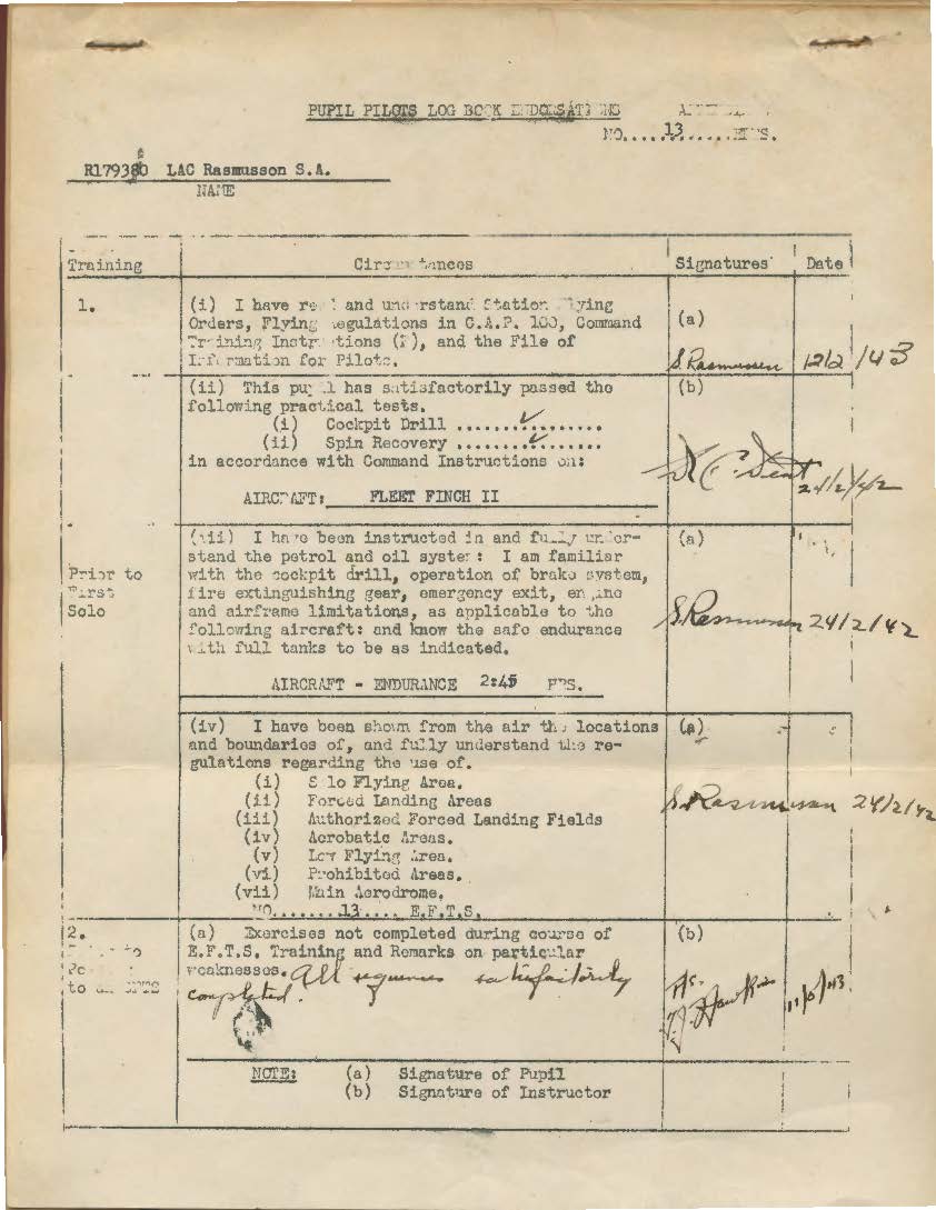 Excerpt of Pilot's Flying log book