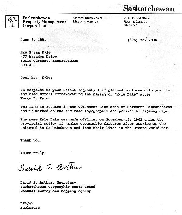 Letter regarding the naming of "Kyle Lake".