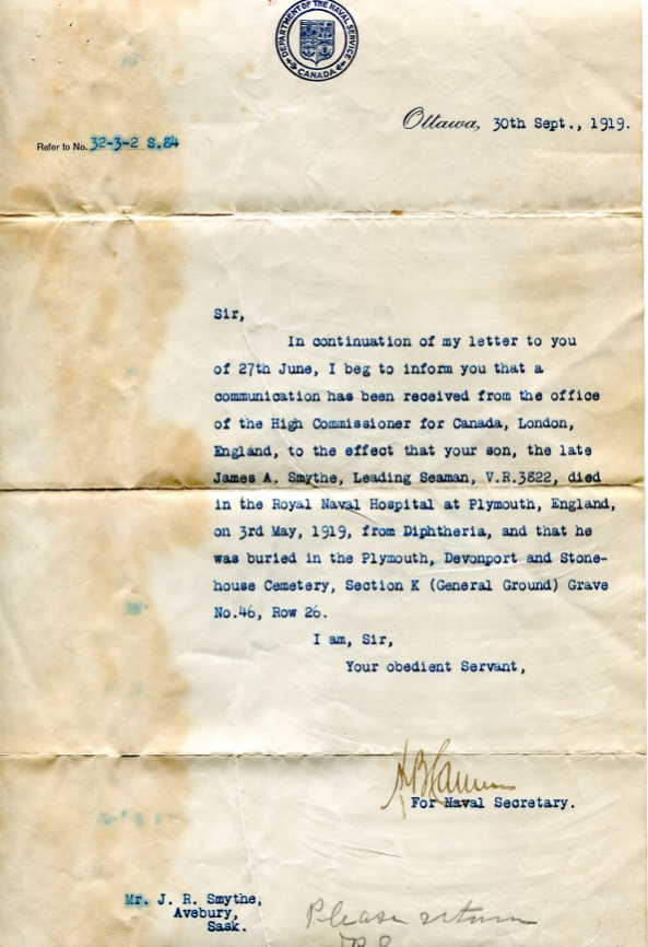 Notice of death letter for JAMES ALFRED SMYTHE