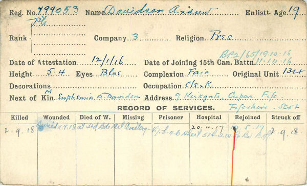 Record of Service Card (Front)