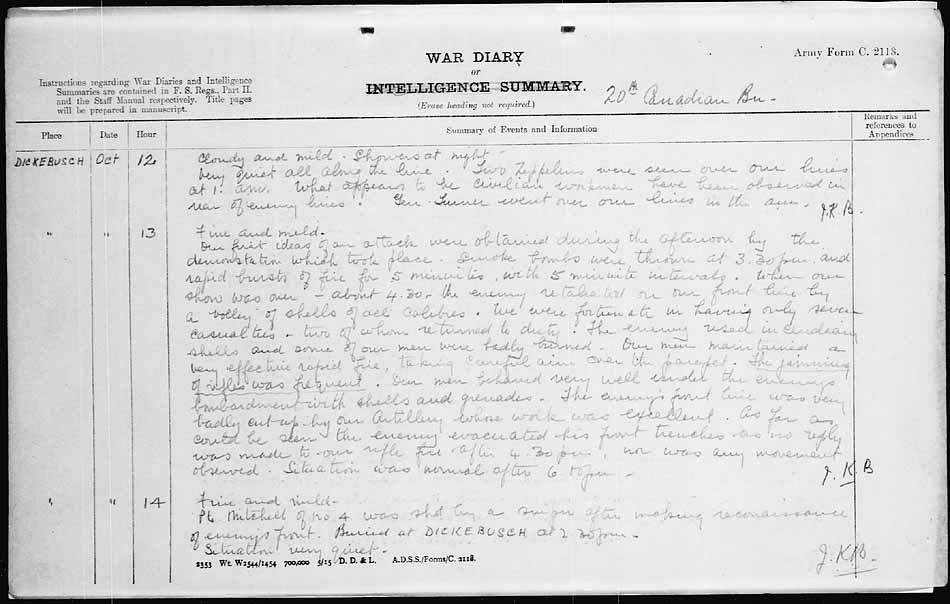 20th Battalion - War Diary