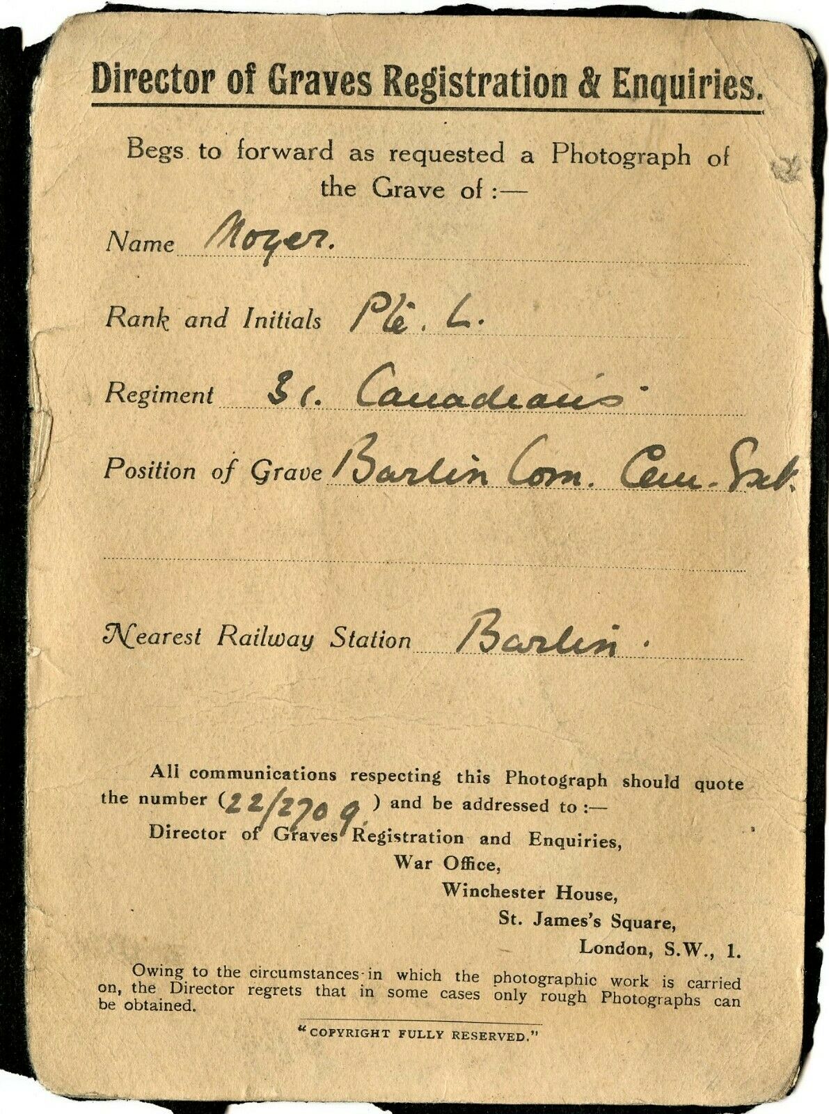 Director of Grave Registration and Enquires form