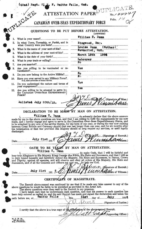 Recto de la feuille d'engagement.