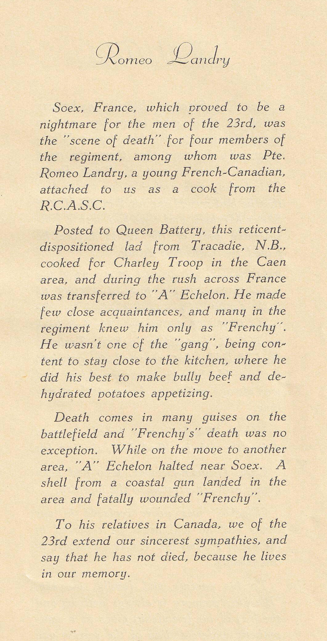 Memorial published in "S.P.", the regimental journal of the 23 Field Regiment (S.P.)