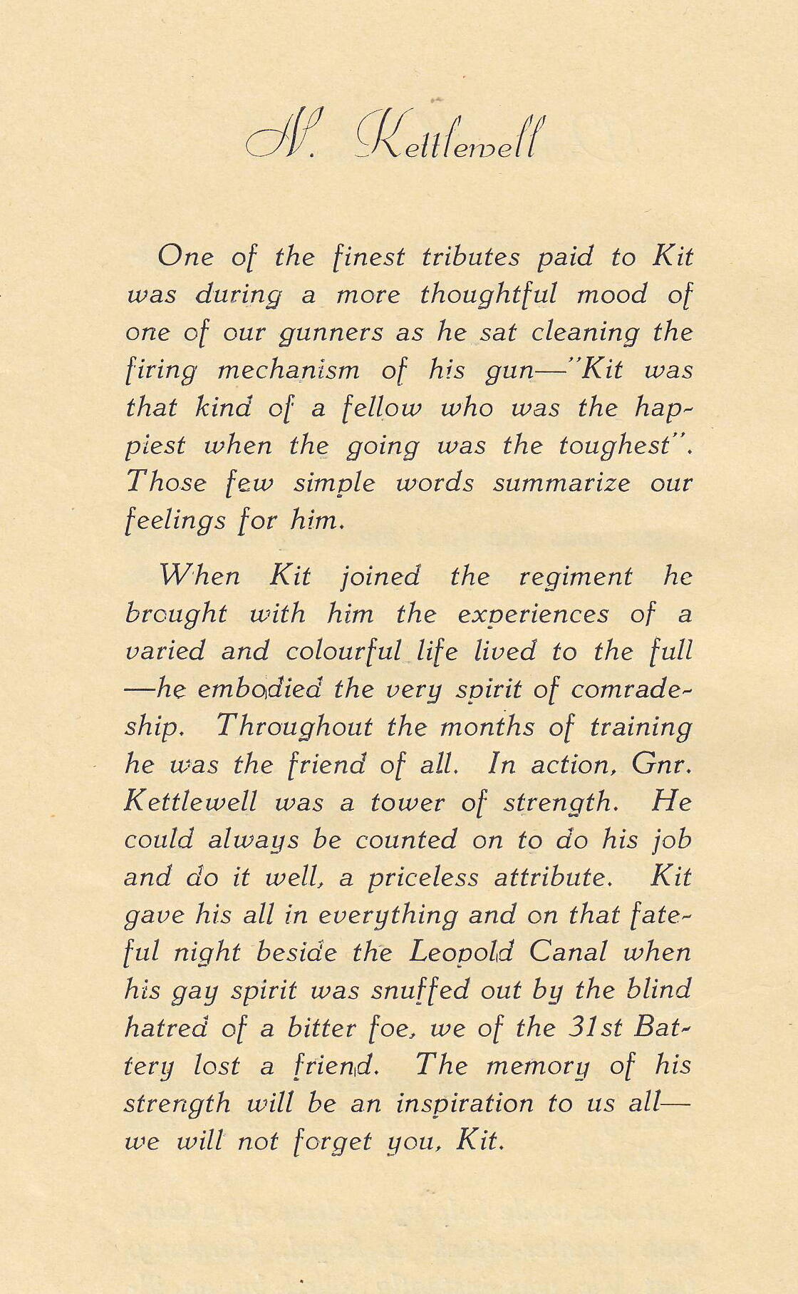 Memorial published in "S.P.", the regimental journal of the 23 Field Regiment (S.P.)