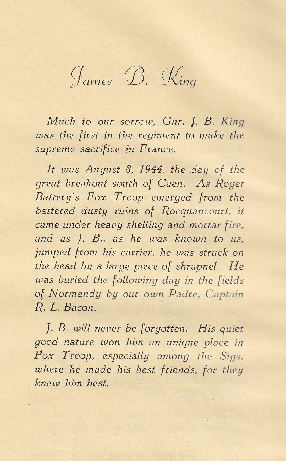 Memorial published in "S.P.", the regimental journal of the 23 Field Regiment (S.P.)