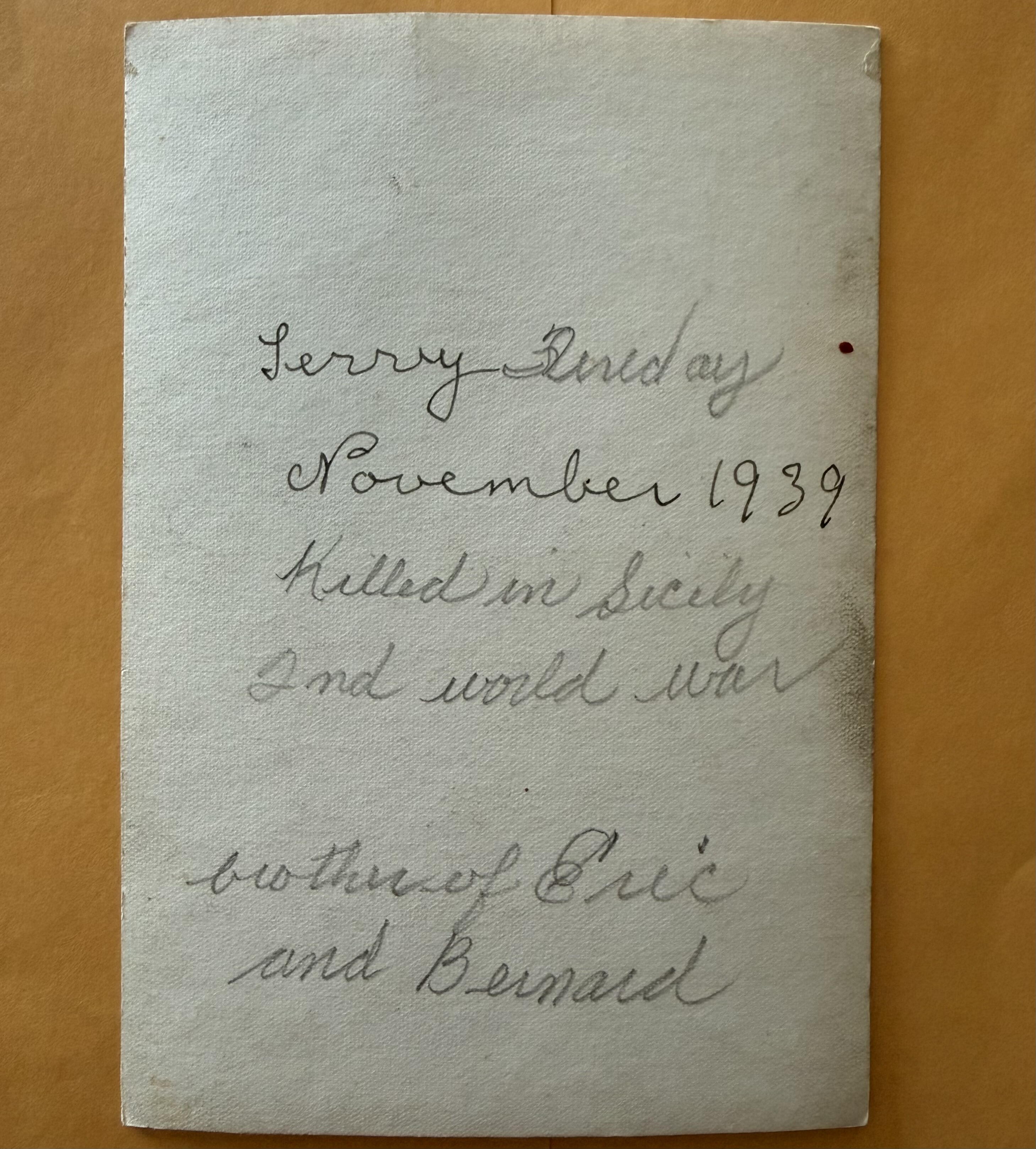 Back of photo of Lance Corporal Terence "Terry" Fereday