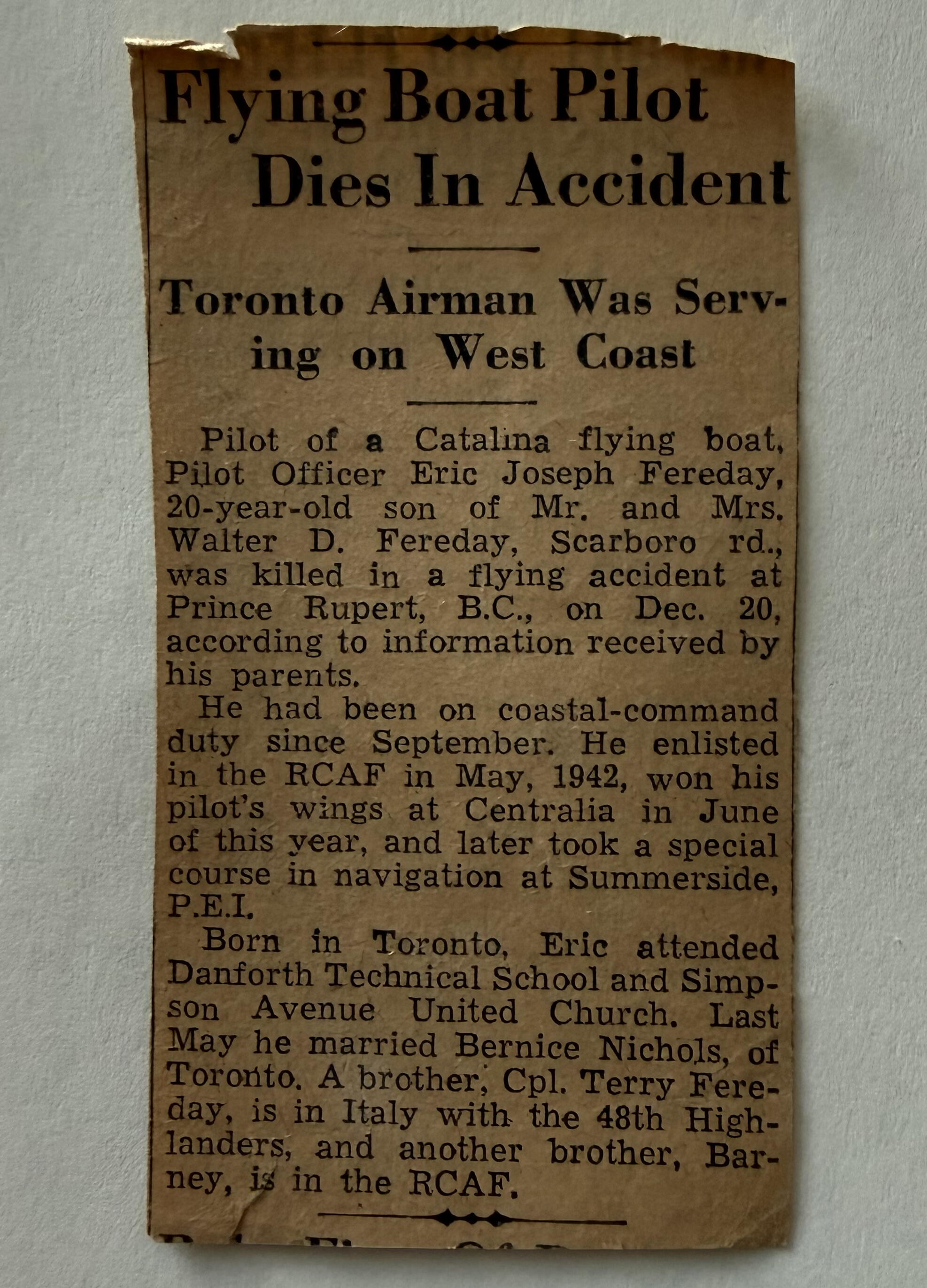Pilot Officer Eric Joseph Fereday, news clipping 1943