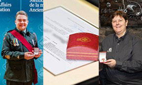Photo collage (from left to right): Antoine Chiasson in formal dress holding an open pin box; a close-up of a framed certificate with a red pin box atop it; Lisa Cyr in a grey shirt holding an open pin box.